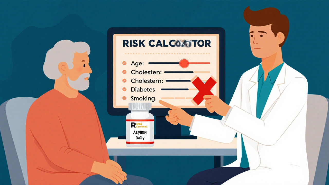 Médico y paciente revisan una calculadora de riesgo cardiovascular en una pantalla.
