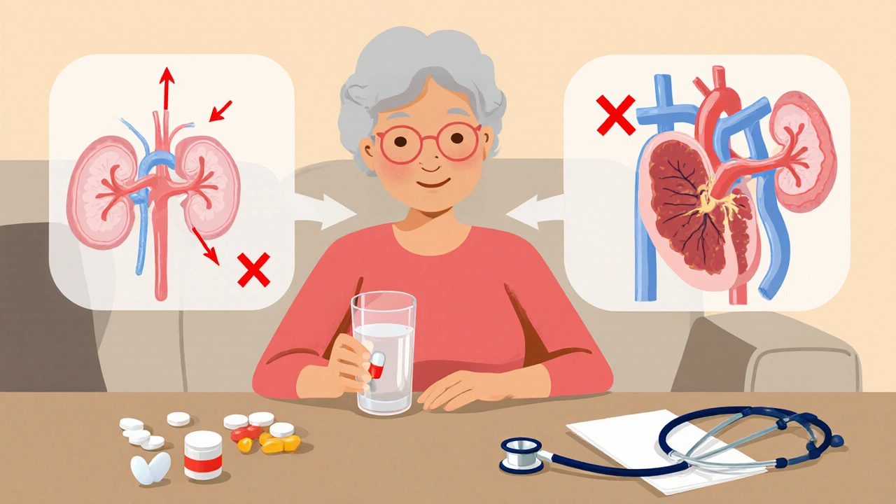 Mujer mayor tomando cefixime con representación visual de riñones y corazón.