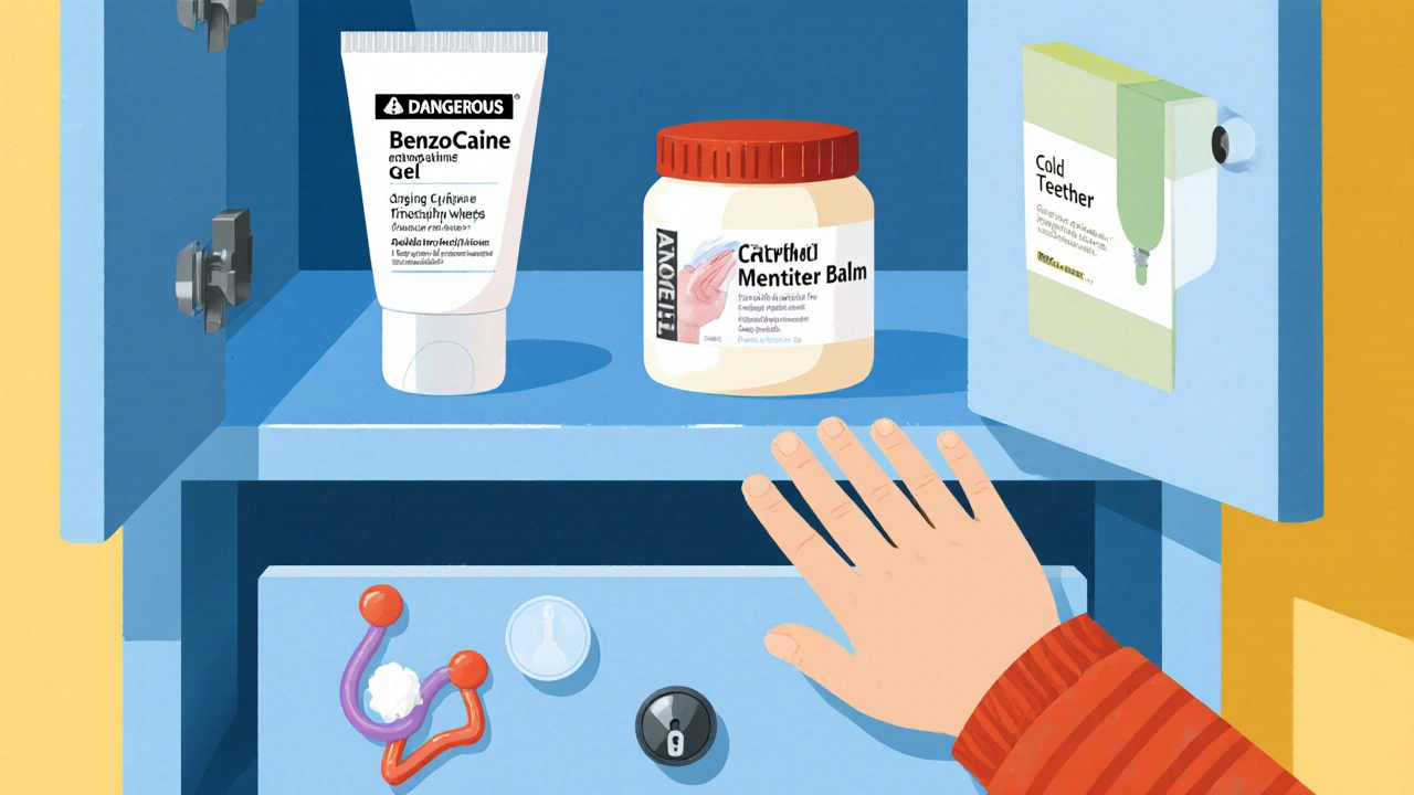 Niño alcanza hacia un armario con cremas peligrosas, mientras alternativas seguras están guardadas en un cajón cerrado.