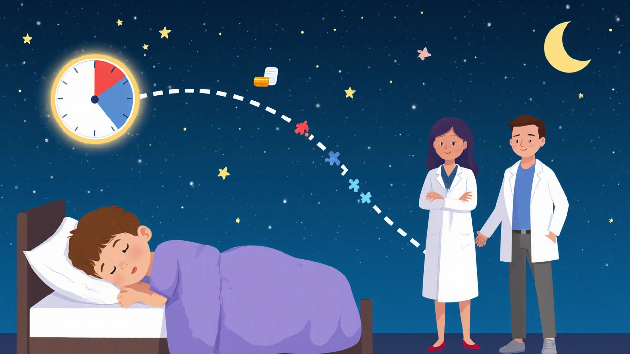 Niño con autismo durmiendo bajo un cielo estrellado, con un reloj circadiano que indica regulación del sueño.