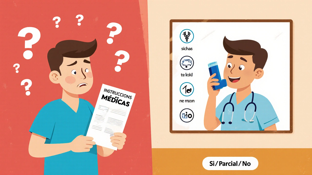 Paciente confundido con un folleto médico vs. mismo paciente usando correctamente un inhalador con pasos ilustrados.