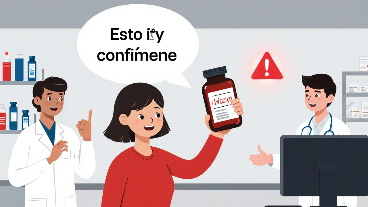 Paciente señala un error en un medicamento en la farmacia mientras el personal revisa la receta.