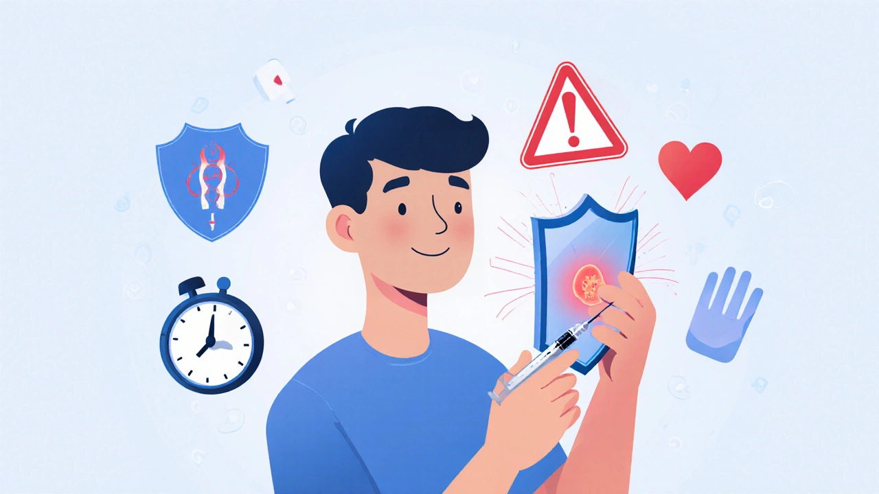 Paciente usando espejo para inyectarse con apoyo emocional y señales de alerta desapareciendo.