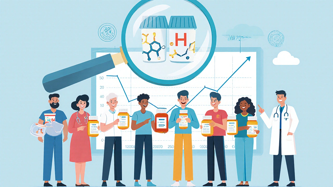 Pacientes con recetas genéricas y de marca, bajo una lupa que revela moléculas iguales, con un gráfico de eficacia similar y profesionales de la salud sonrientes.