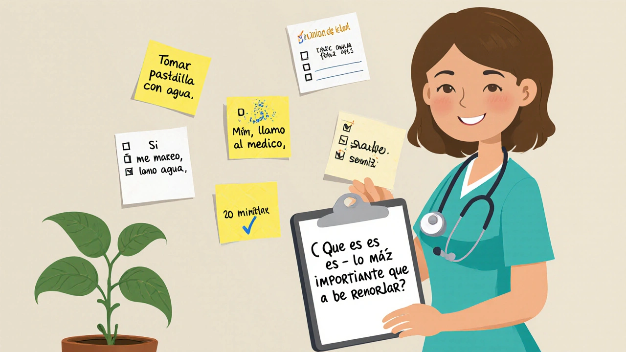 Pared de clínica con notas adhesivas de pacientes que explican en sus propias palabras qué deben recordar.