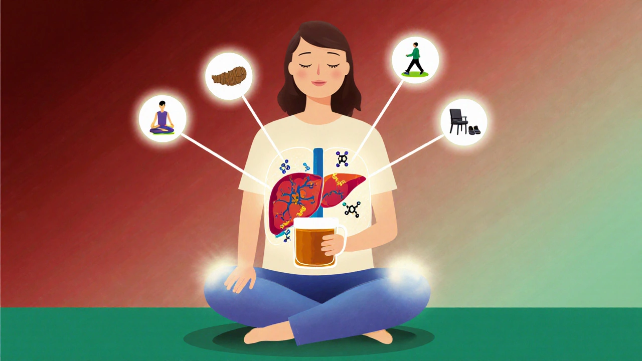 Persona con hígado transparente mostrando daño por kava, mientras alternativas seguras brillan a su alrededor.