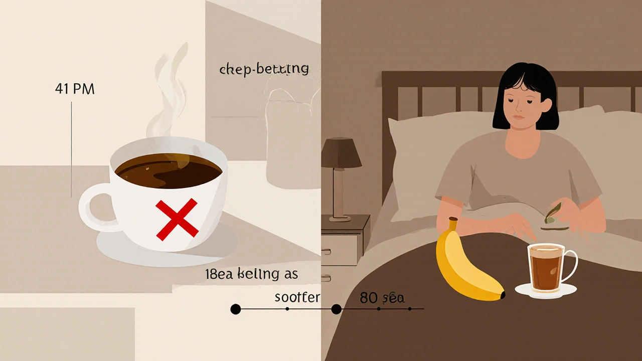 Persona evitando cafeína después de las 14:00, bebiendo té de hierbas y comiendo plátano por la noche.