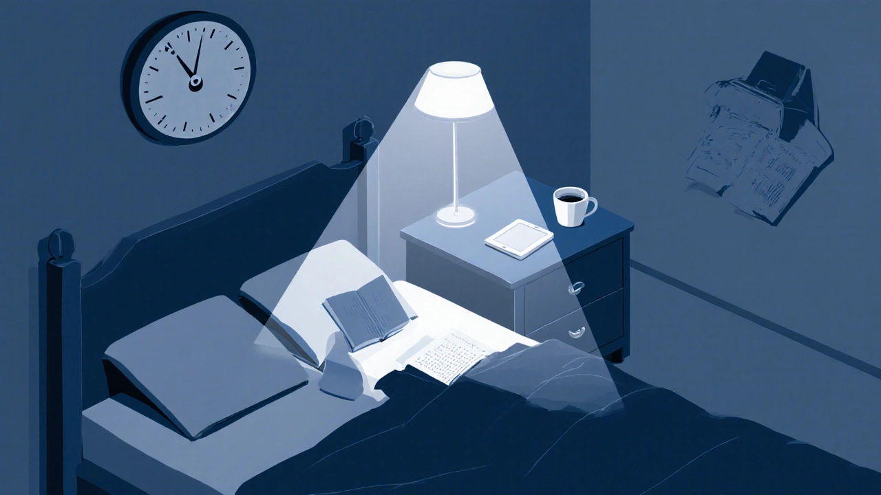 Persona leyendo un libro físico en la cama, sin pantallas, en una habitación fresca y tranquila.