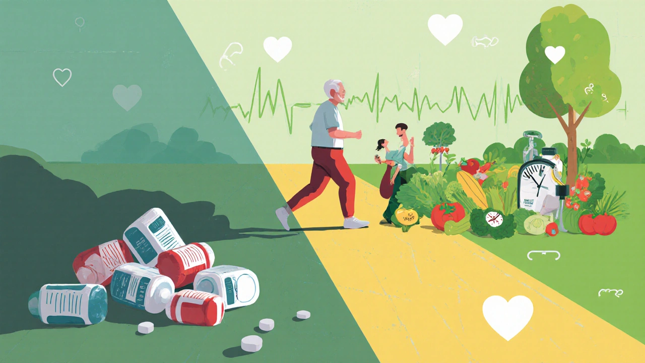 Persona mayor camina hacia hábitos saludables mientras deja atrás botellas de aspirina.