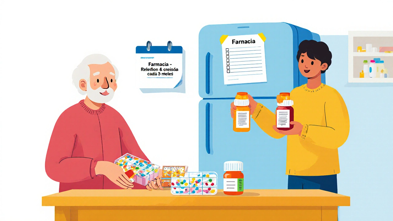 Persona mayor con organizador de pastillas y lista pegada en la nevera, acompañada por un cuidador.