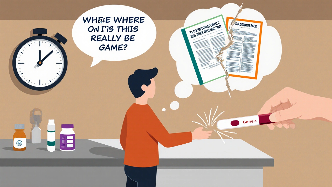 Persona recibe medicamento genérico en farmacia, mientras una publicidad miedosa se destruye, mostrando un análisis de sangre normal y el libro de la FDA.