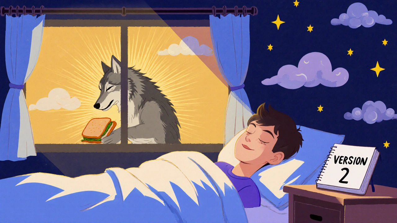 Persona visualizando una versión tranquila de su pesadilla, con un lobo comiendo un bocadillo.