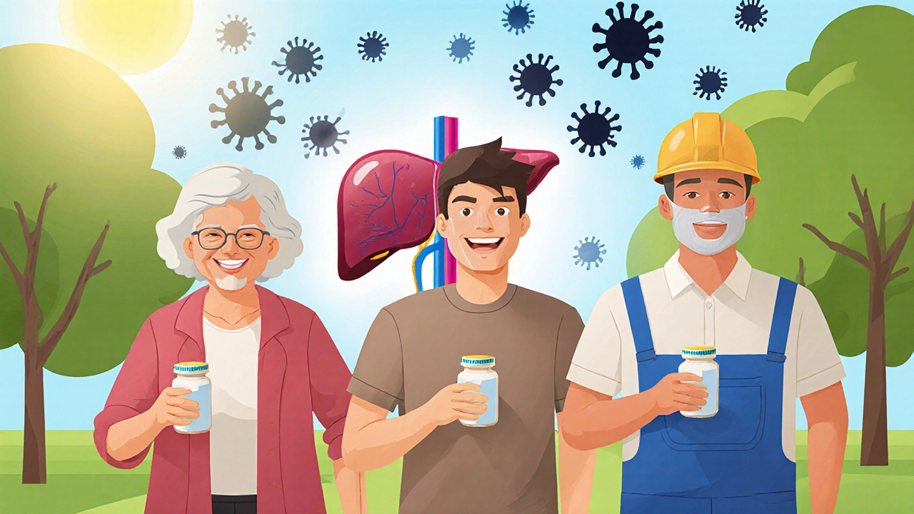 Personas diversas caminando en un parque, con botellas de medicamento y un hígado sano detrás de ellas.