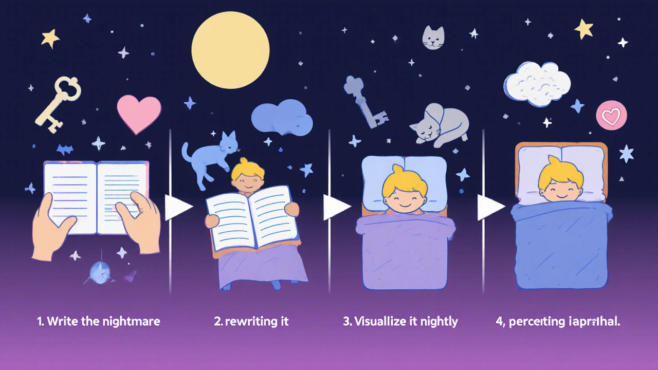 Secuencia ilustrada de cuatro pasos de la terapia de rehearsal de imágenes para superar pesadillas.