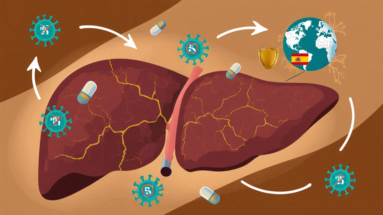 Un hígado sanando con estructuras moleculares bloqueadas por pastillas, y un mapa global mostrando acceso.