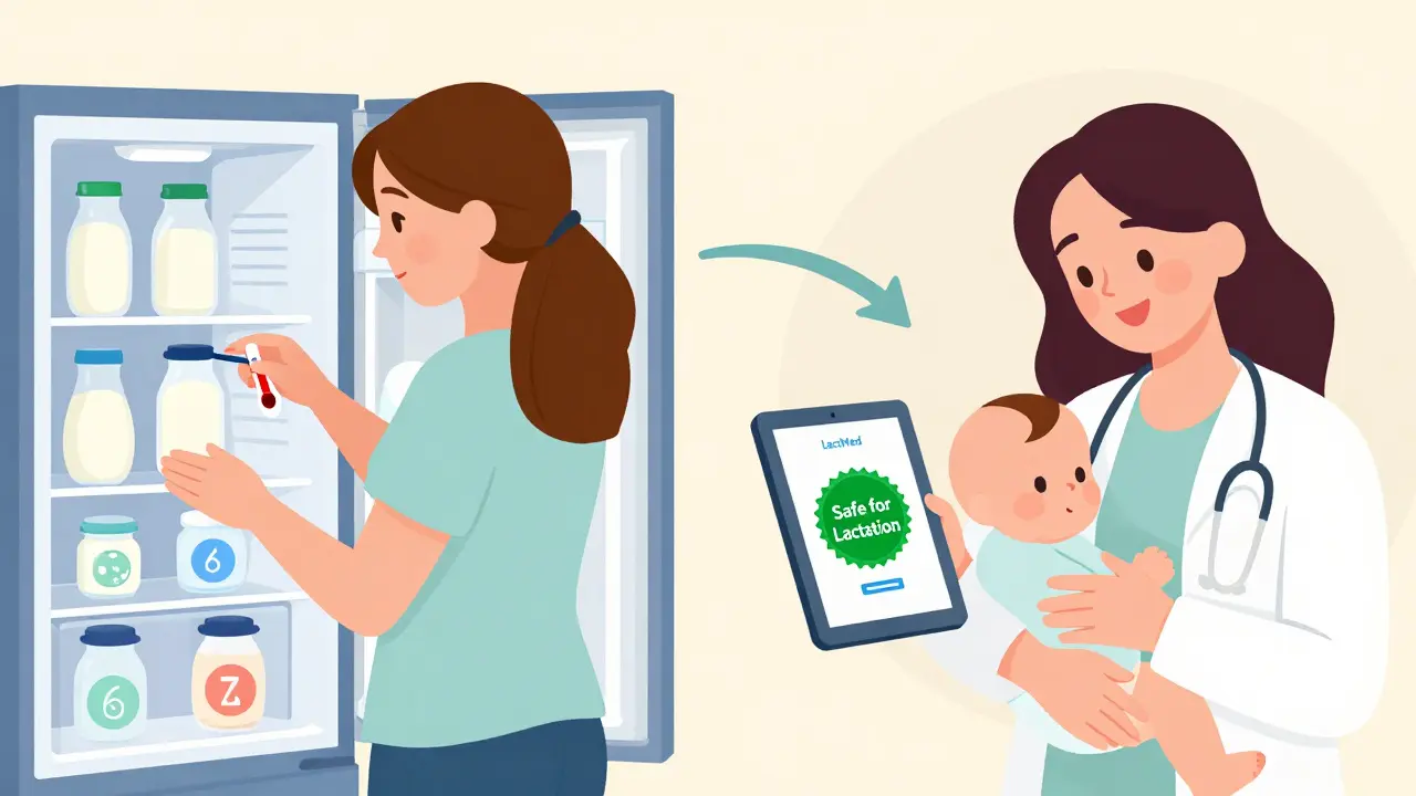 Almacenamiento de leche en congelador y médico mostrando una base de datos segura para lactancia.