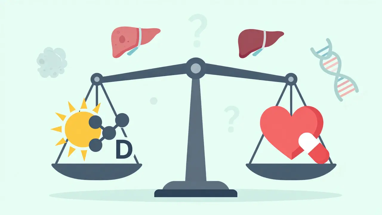 Balanza científica con vitamina D y estatinas, rodeada de símbolos de salud y genética.