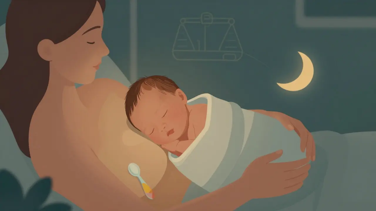 Bebe recién nacido en piel con piel, con símbolos de alimentación, sueño y consuelo alrededor.