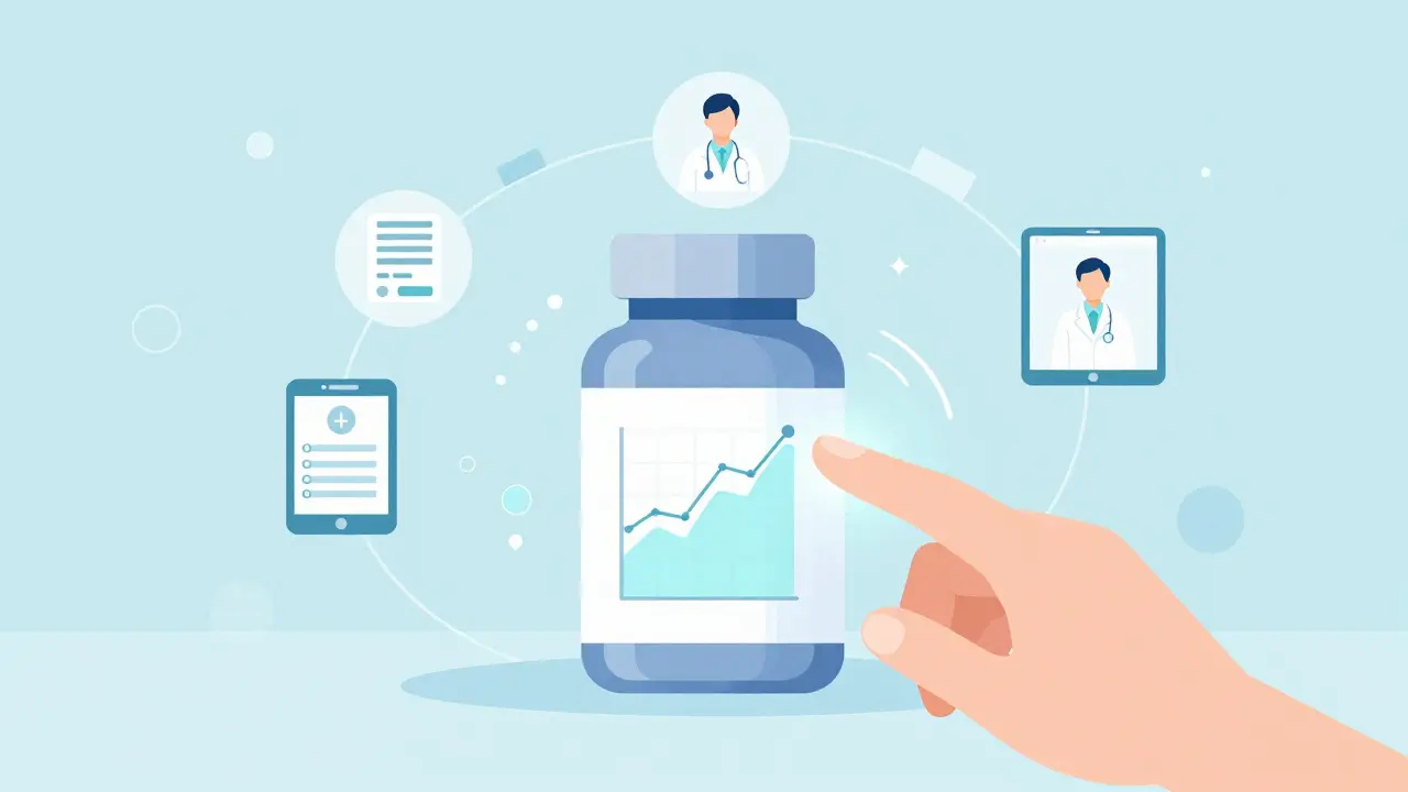 Botella inteligente de medicamento con conexión digital a sistemas de salud y notificaciones.