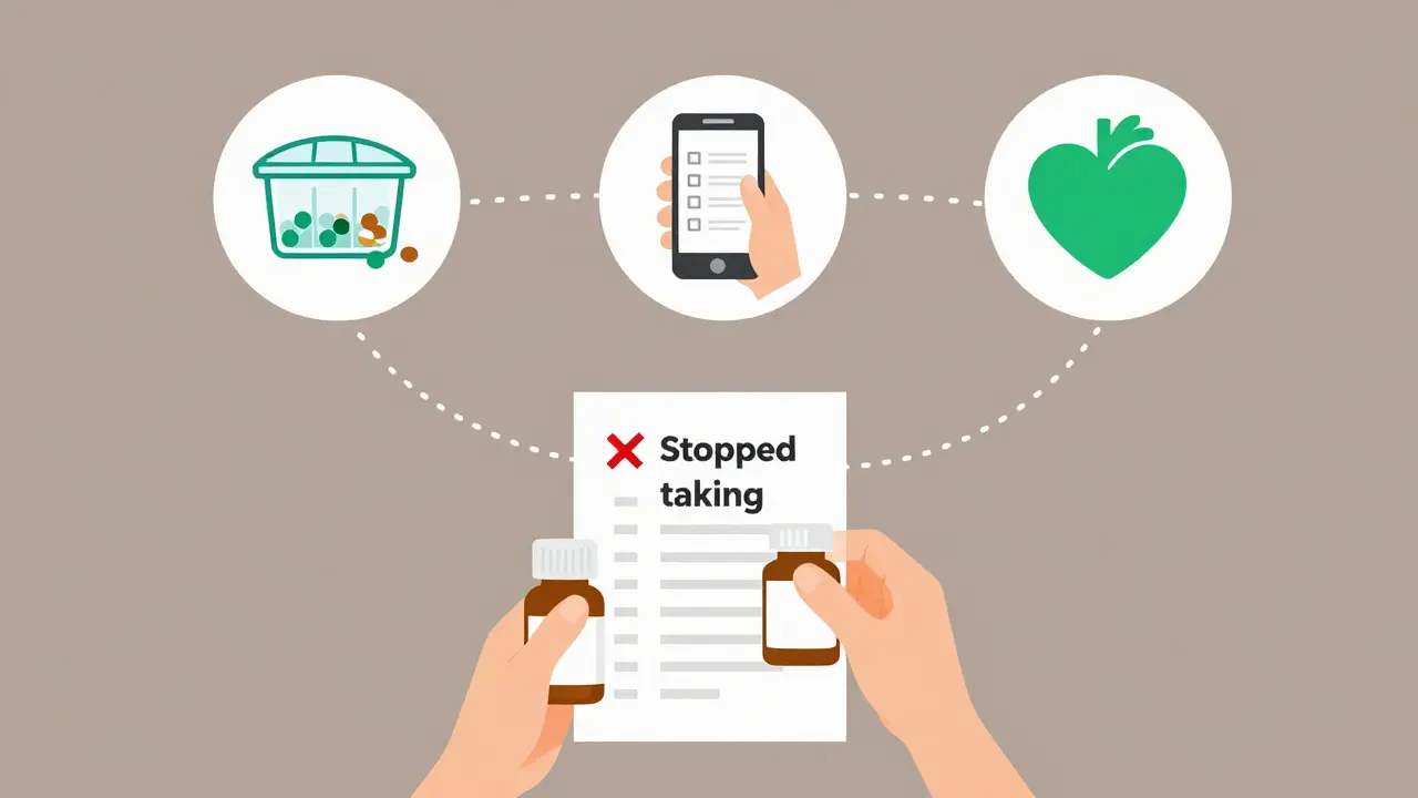 Camino visual de soluciones para la adherencia a la medicación: organizador, alarma y apoyo médico.