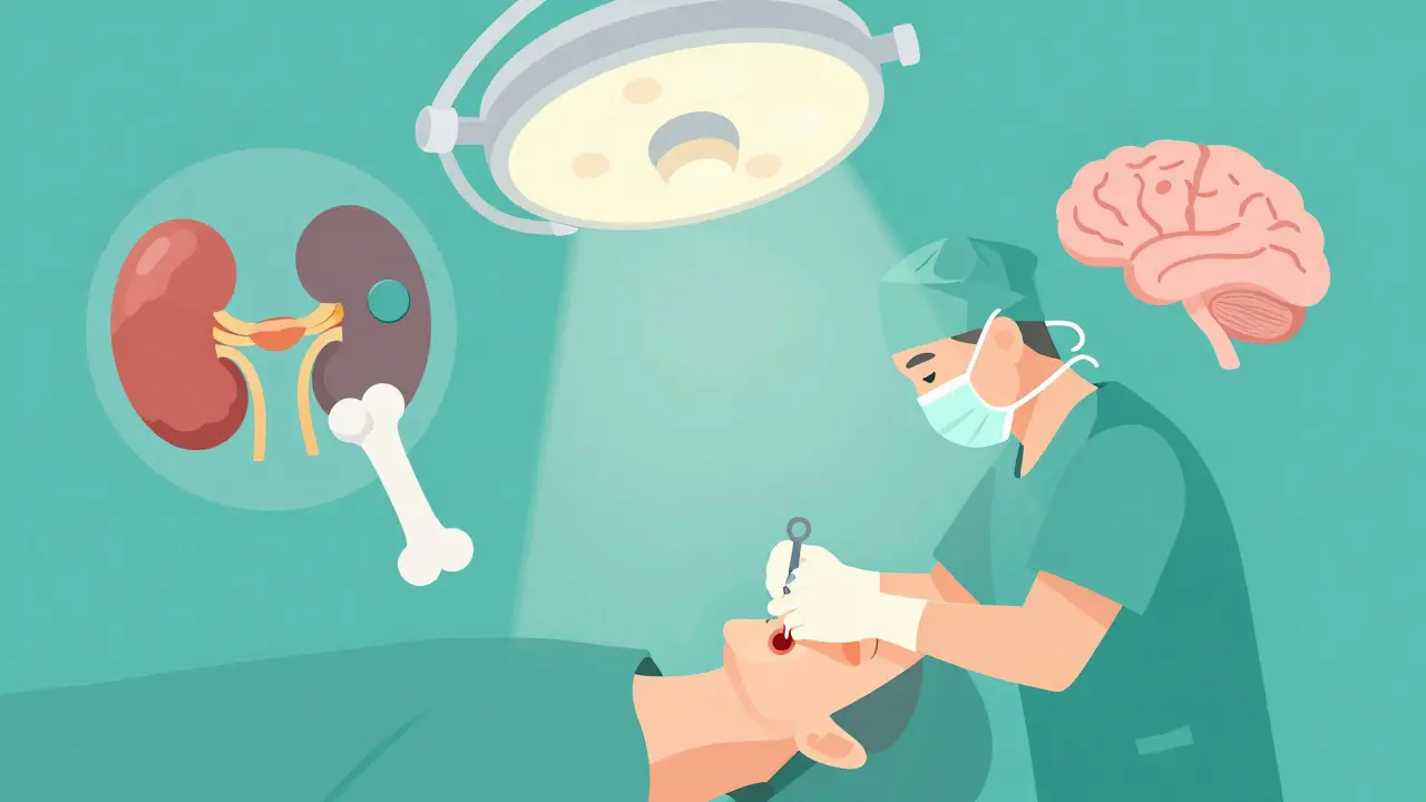 Cirujano operando con pequeña incisión en el cuello, mostrando una glándula adenomatosa y símbolos de complicaciones.