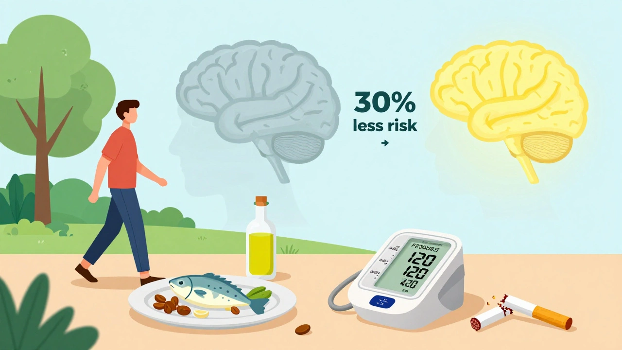 Collage de estilo de vida saludable: caminando, comida mediterránea, presión arterial baja y cigarrillo roto.