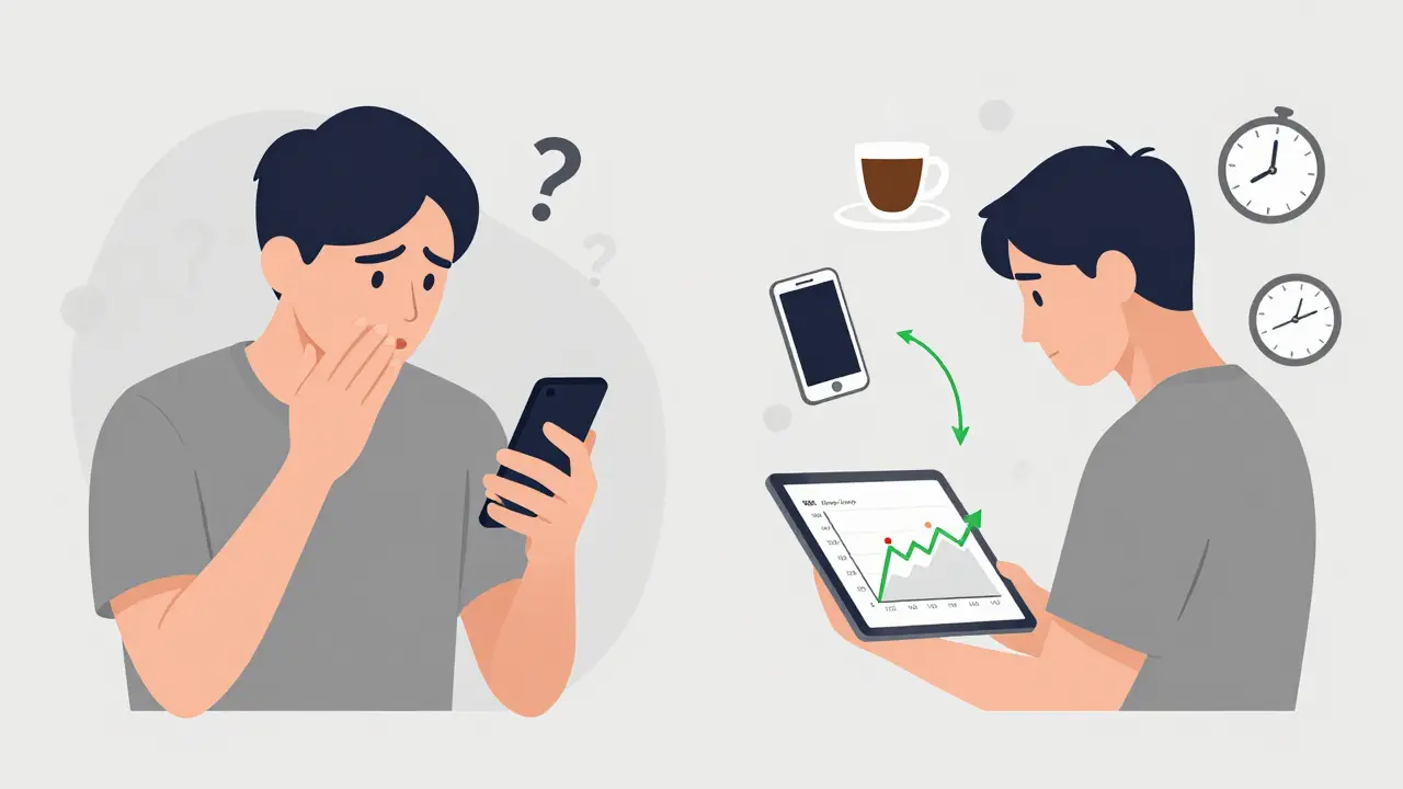 Comparación entre alguien obsesionado con las etapas del sueño y otra persona que analiza patrones a largo plazo con calma.