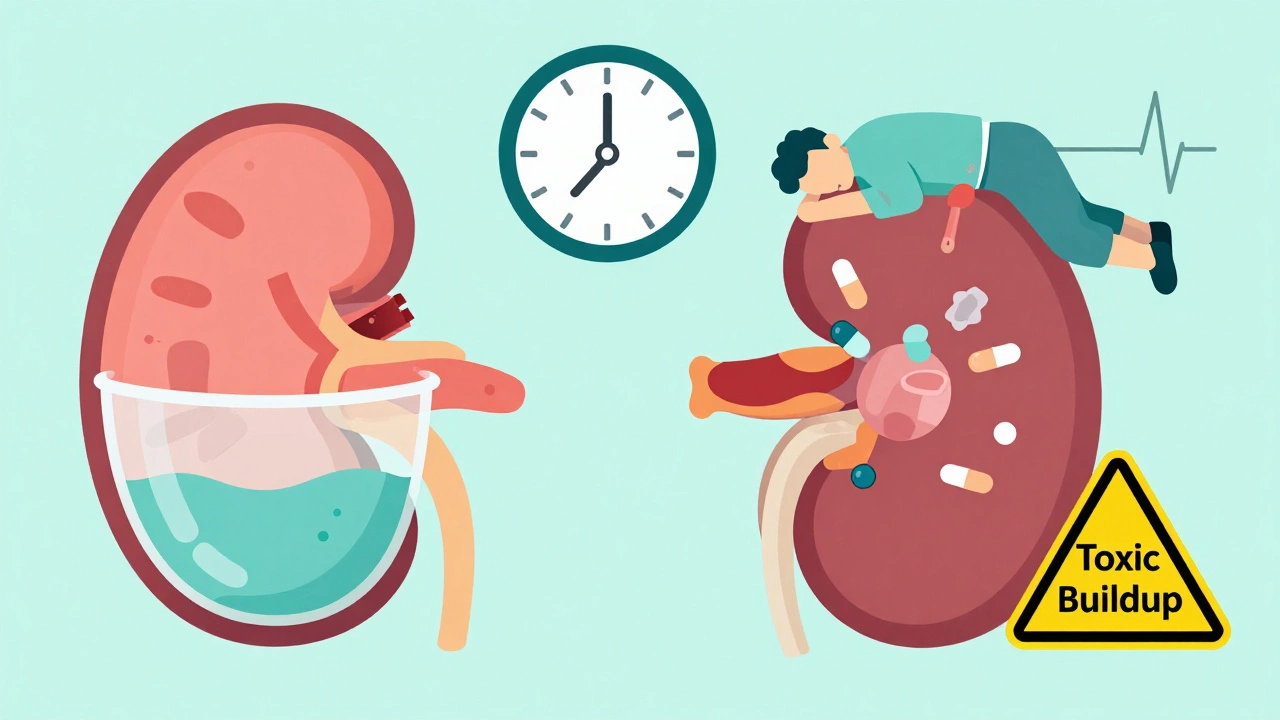 Comparación entre riñón sano y dañado con medicamentos atrapados y síntomas de toxicidad, estilo ilustración plana.