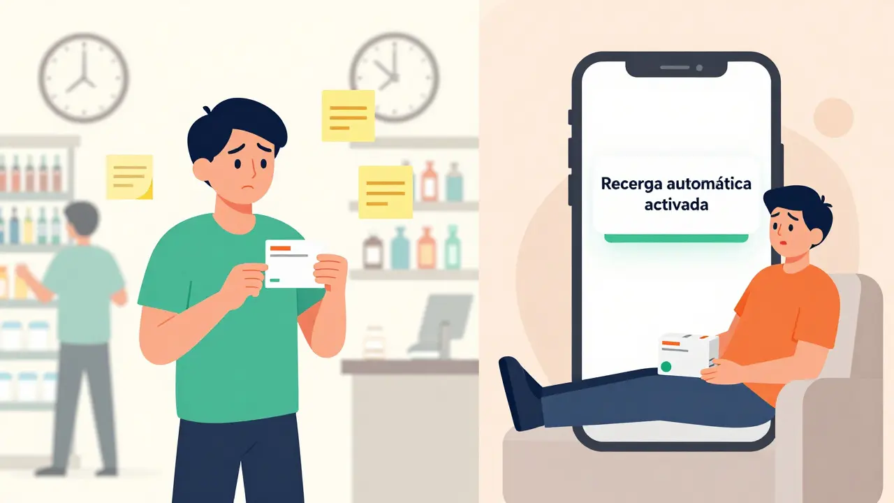 Comparación visual entre el estrés de ir a la farmacia y la tranquilidad de la recarga automática.