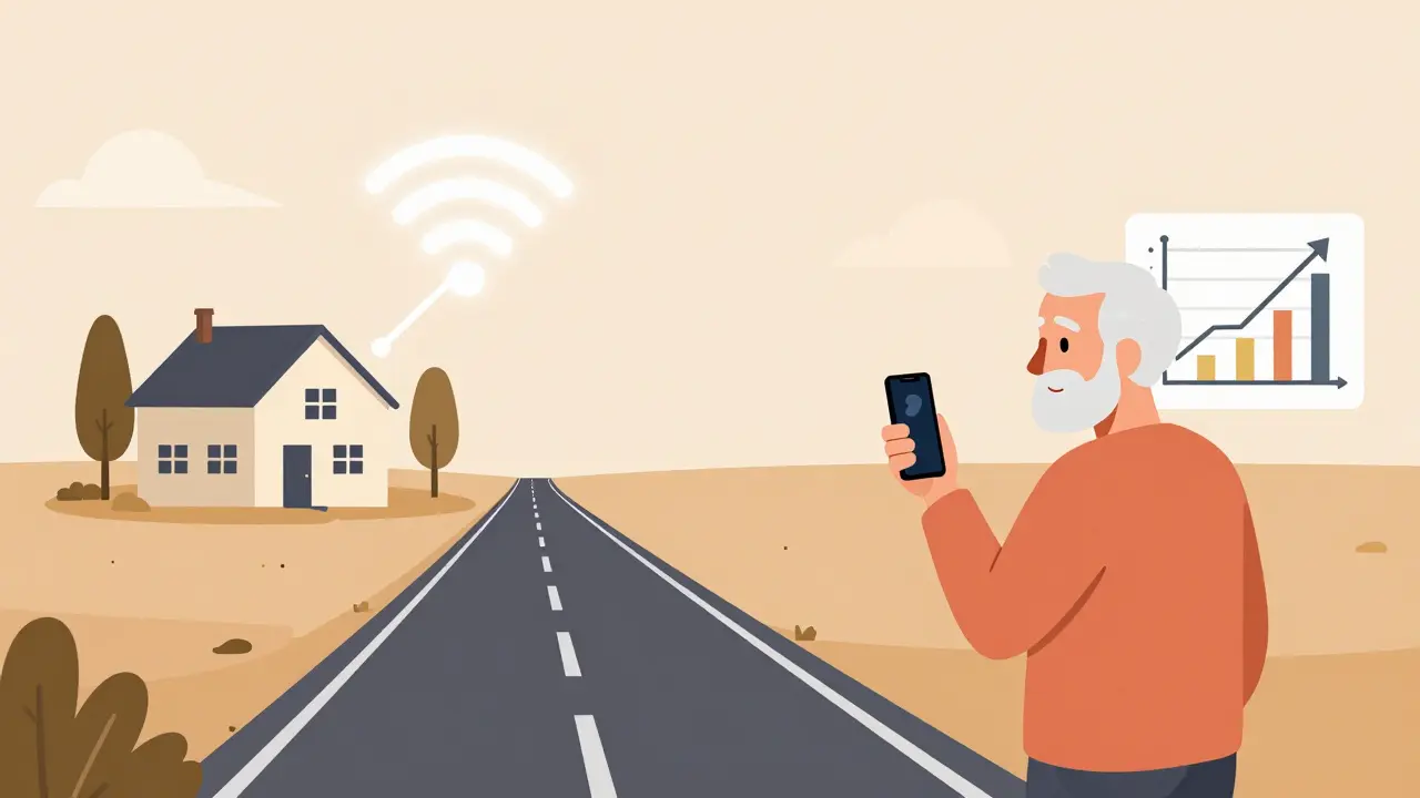 Conexión digital desde una casa rural a una clínica auditiva, simbolizando acceso remoto.