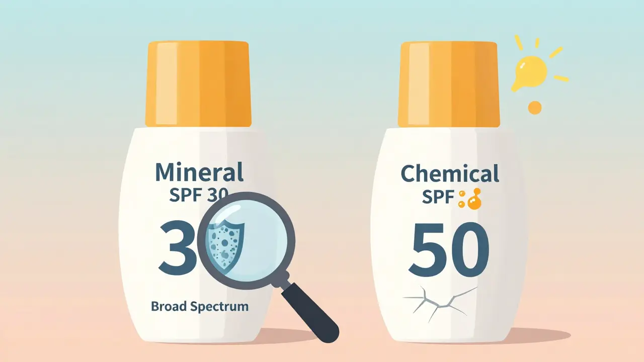 Dos tipos de protectores solares comparados: mineral con barrera física y químico con absorción.