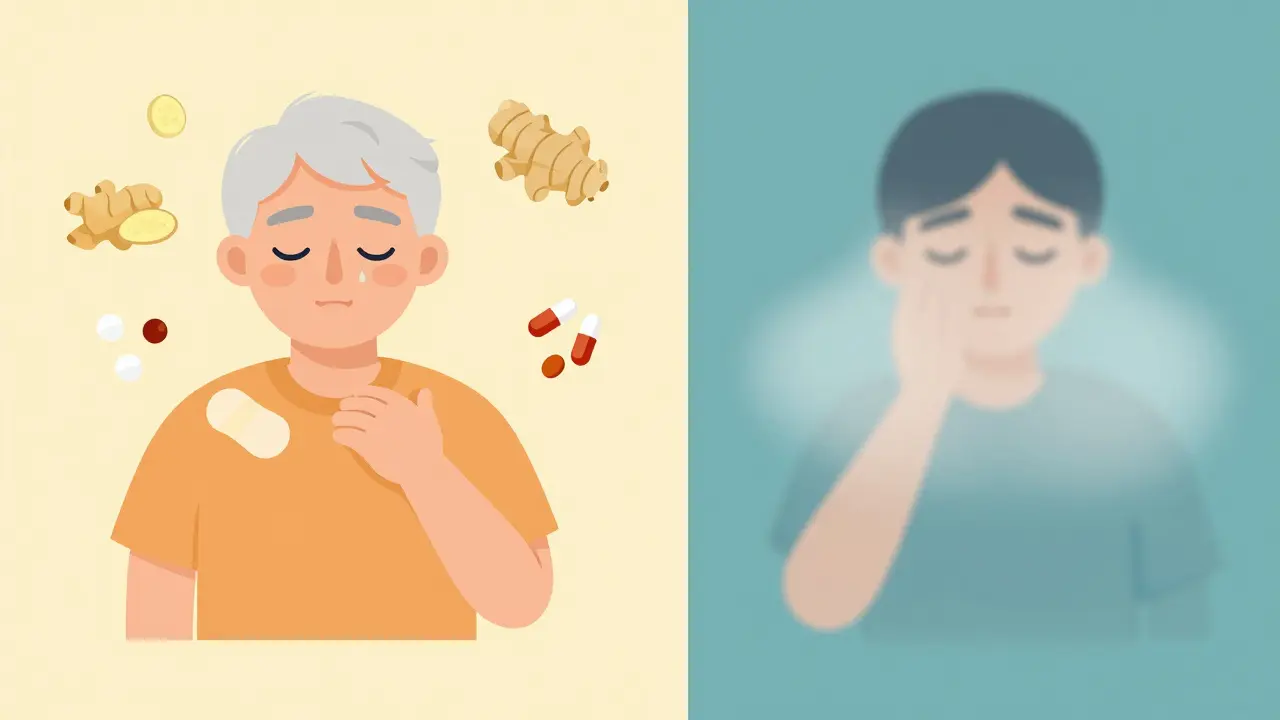 Escena dividida: alternativas seguras contra el mareo frente a efectos sedantes peligrosos.