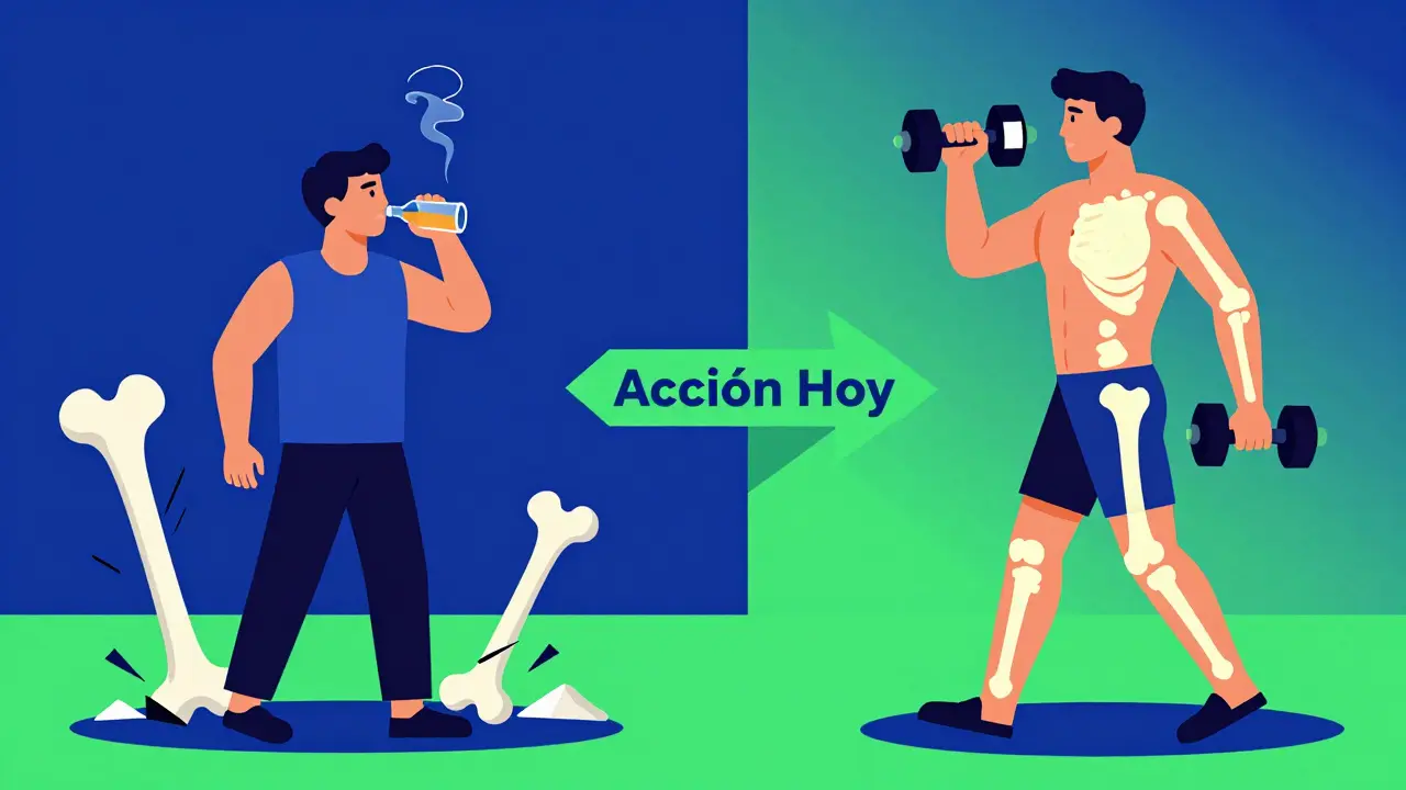 Escena dividida: hombre con hábitos dañinos vs. hombre activo con huesos sanos, flecha central que indica acción preventiva.