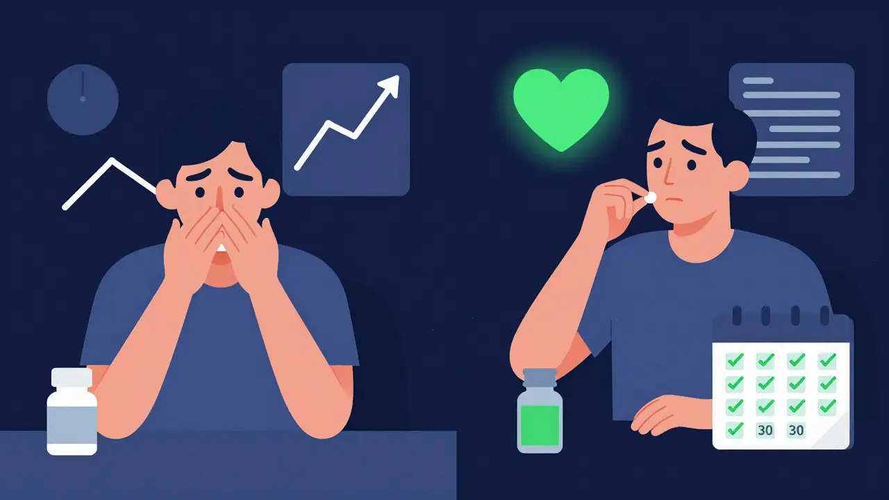 Escena dividida: olvidar la pastilla por la noche vs. tomarla siempre por la mañana con rutina constante.