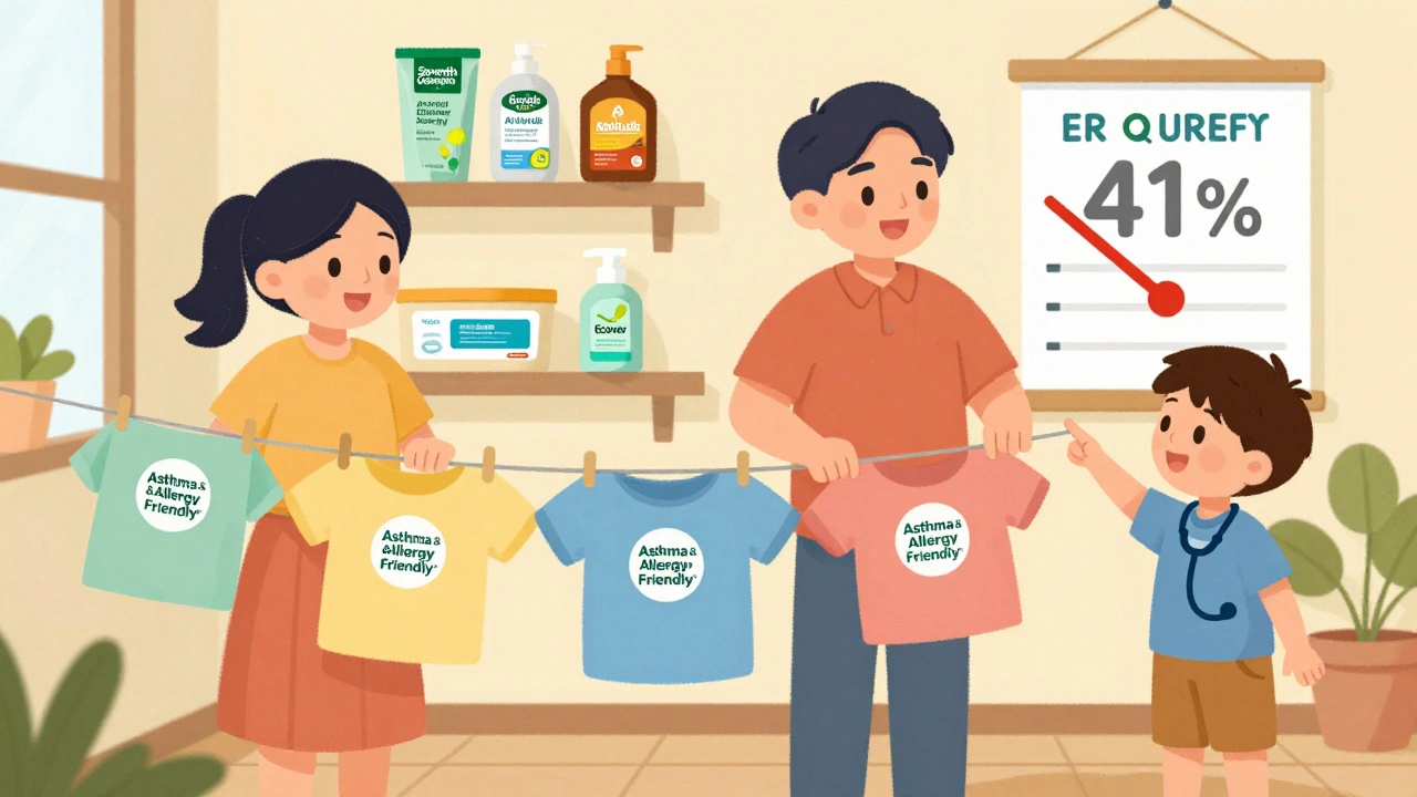 Familia con ropa certificada y marcas de limpieza segura en estantería.