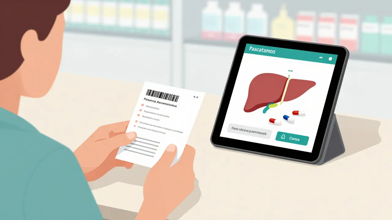 Farmacéutico entrega guía en español a paciente mientras escanea medicamentos con una app que muestra contenido de paracetamol.