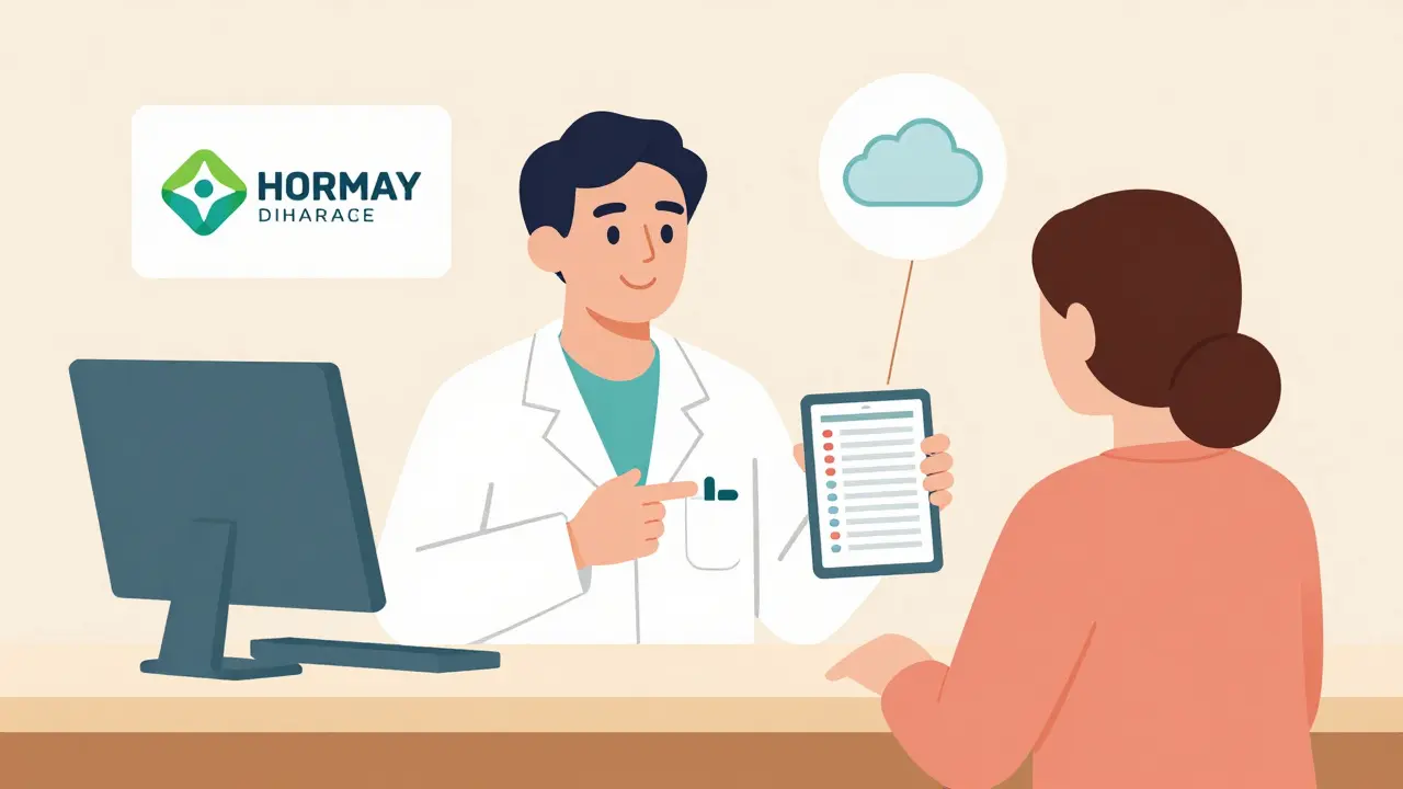 Farmacéutico muestra a un paciente una lista de medicamentos sincronizada en una tableta.