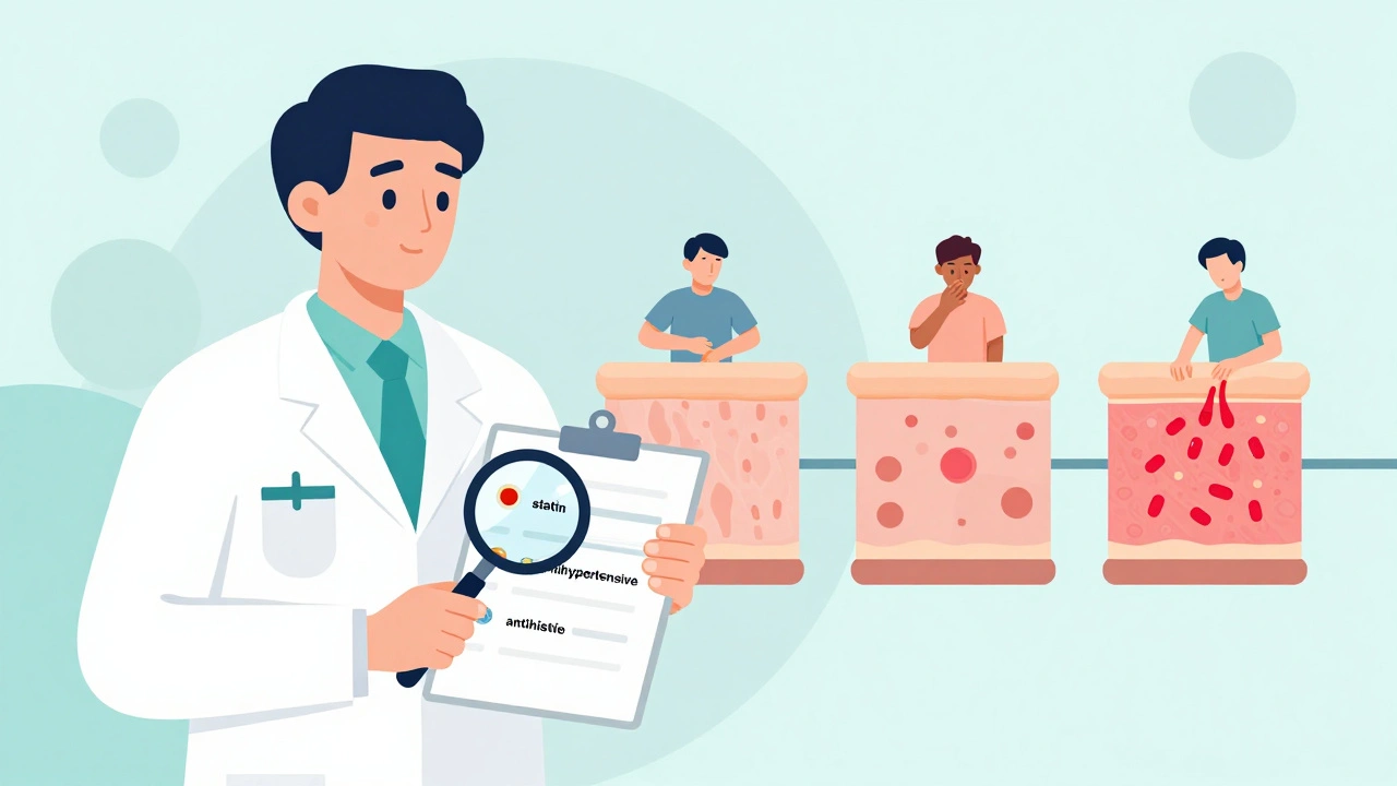 Farmacéutico revisa medicamentos con lupa mientras una línea de tiempo muestra el desarrollo de la picazón.