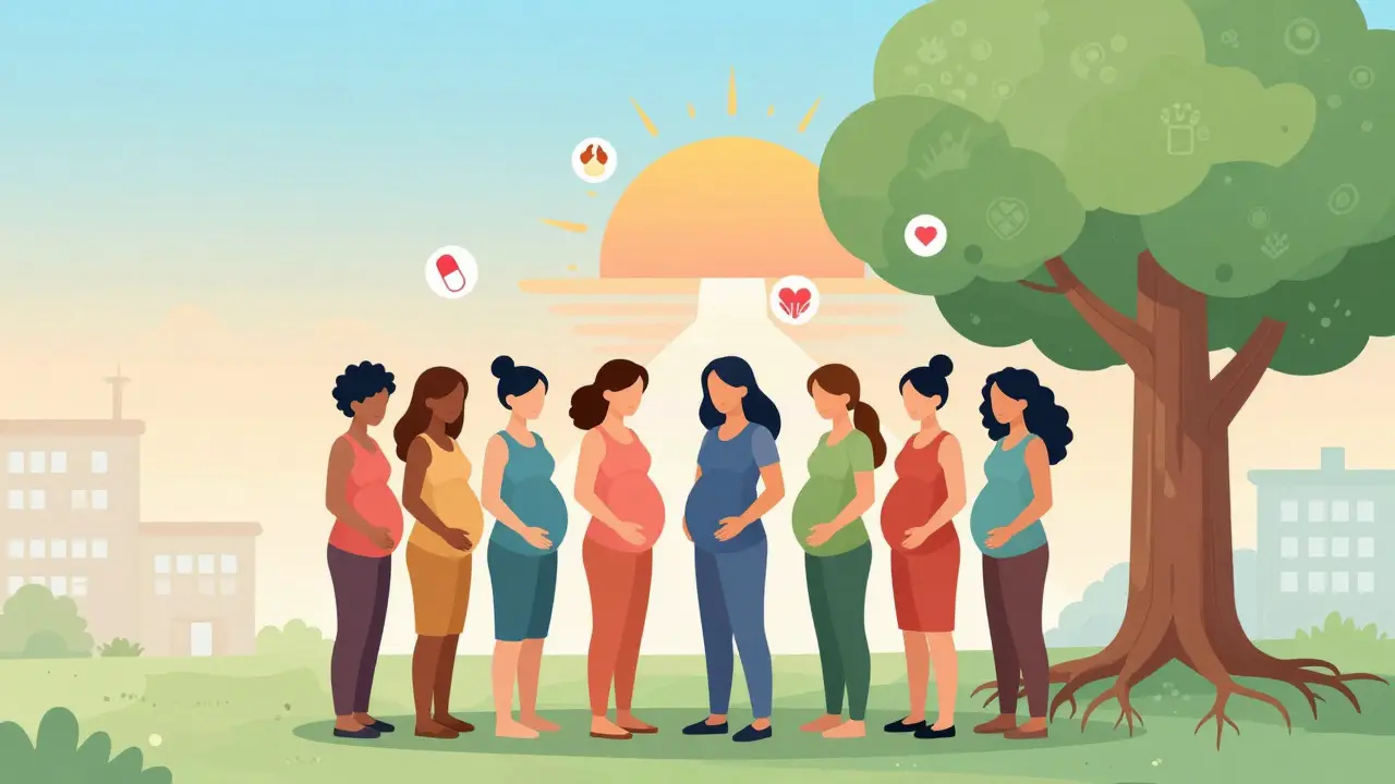 Grupo de mujeres embarazadas en círculo bajo un árbol, con símbolos de tratamiento y apoyo hacia un sol naciente.