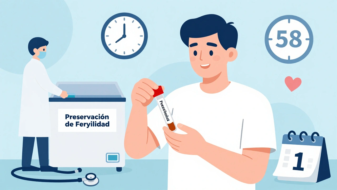 Hombre depositando una muestra de esperma en un contenedor criogénico en un laboratorio.