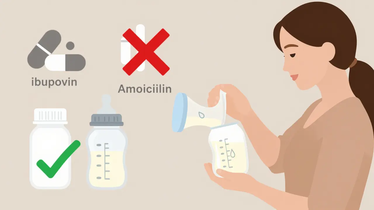 Leche materna siendo almacenada junto a medicamentos seguros y peligrosos marcados con símbolos.
