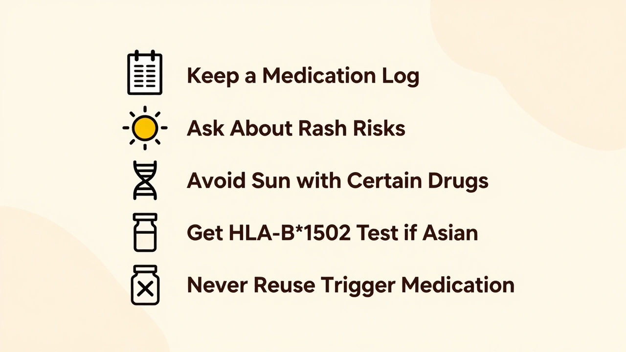 Lista de prevención con íconos: registro de medicamentos, sol, prueba genética y pastilla tachada.