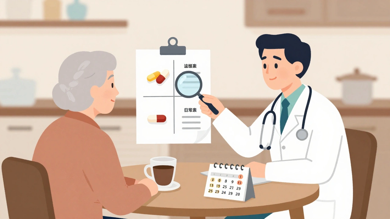 Médico explica visualmente a un adulto mayor la equivalencia entre medicamentos en una mesa de cocina.