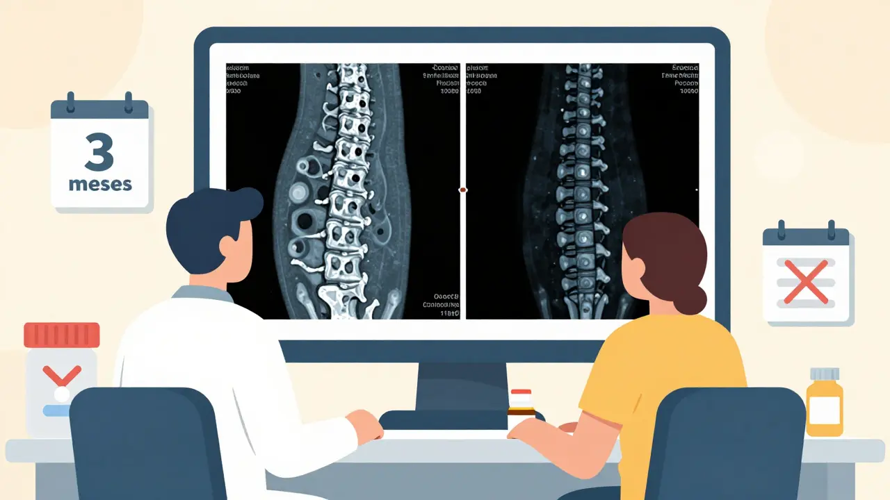 Médico y paciente en consulta con pantalla de densidad ósea, mostrando hueso dañado y hueso protegido, con zapatos y suplementos en el escritorio.