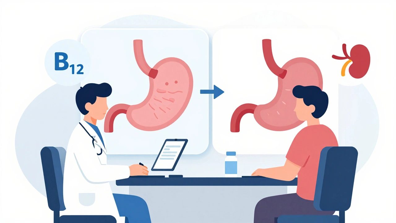 Médico y paciente revisando un diagrama comparativo del estómago con y sin inhibidores de bomba de protones.
