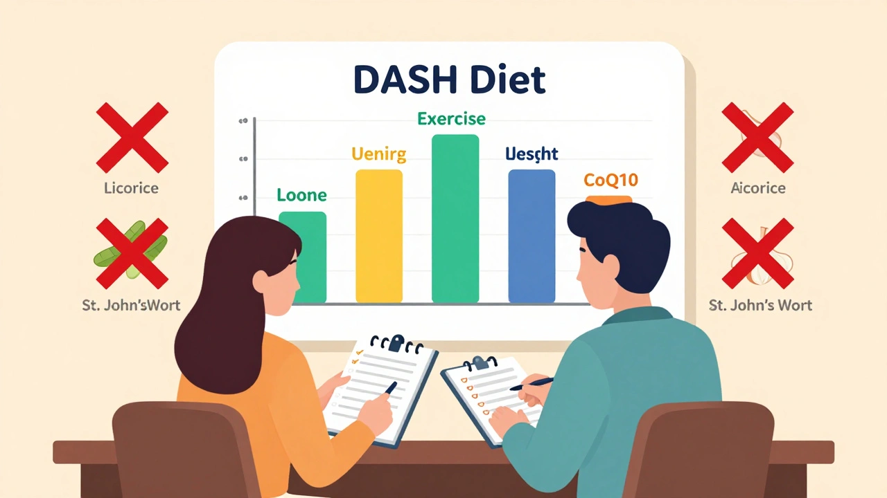 Médico y paciente revisando un gráfico de estrategias naturales para controlar la hipertensión.