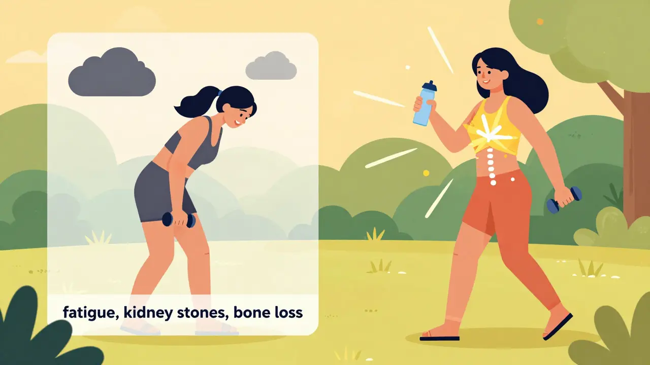 Mujer caminando en el parque con botella de agua y pesas, comparación antes y después de la cirugía de paratiroides.