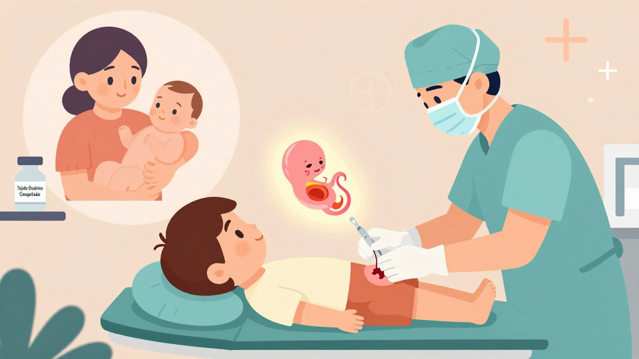 Niña en cirugía con tejido ovárico extraído, mientras un futuro bebé aparece como icono de esperanza.