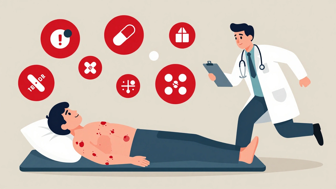 Paciente con piel descamada y ampollas, rodeado de medicamentos peligrosos en círculos rojos.