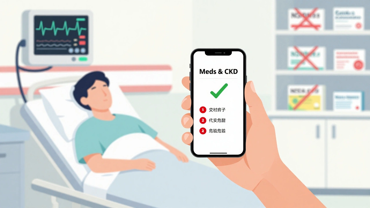 Paciente usando app para medicamentos seguros en enfermedad renal, con alertas y símbolos de riesgo, estilo plano.